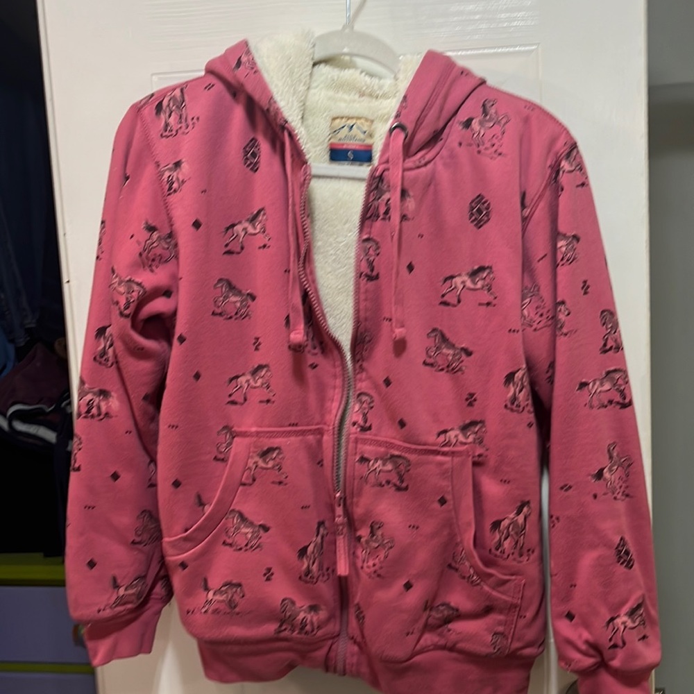 Zip up hoodie pink size small with horses.
